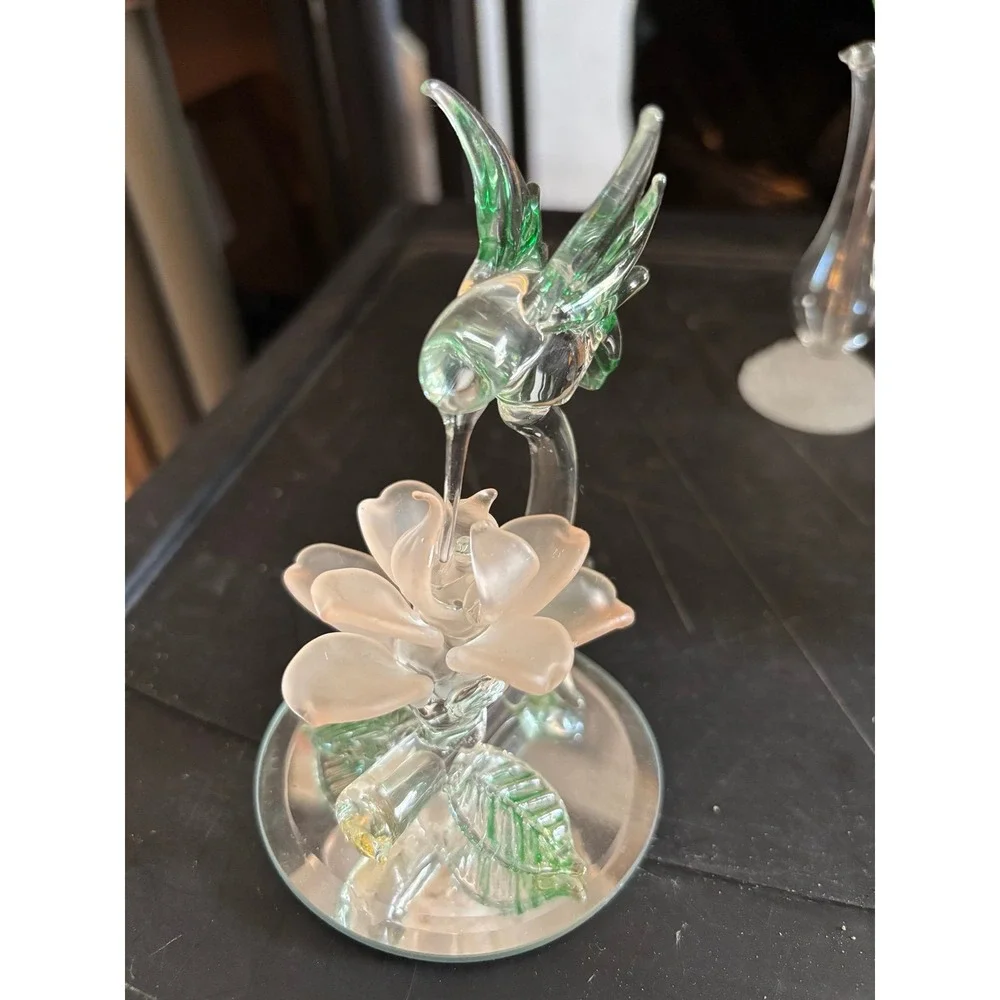 Glass Hummingbird Figurine w/ Flower Frosted Clear Mirror Base Art Glass Vintage
